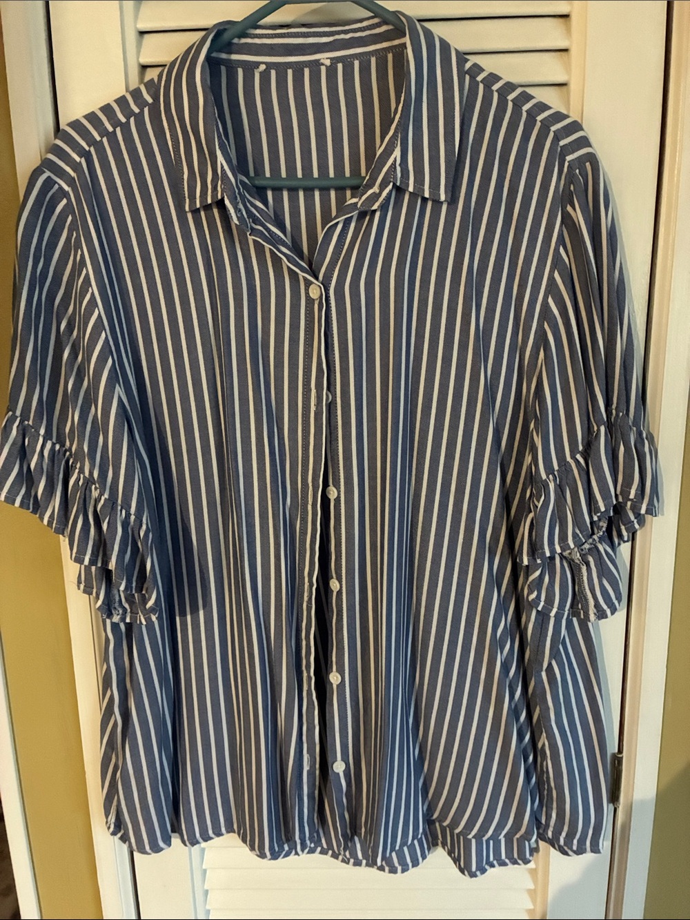 Maurices Navy and White Striped Ruffle Sleeve Button-Up Blouse